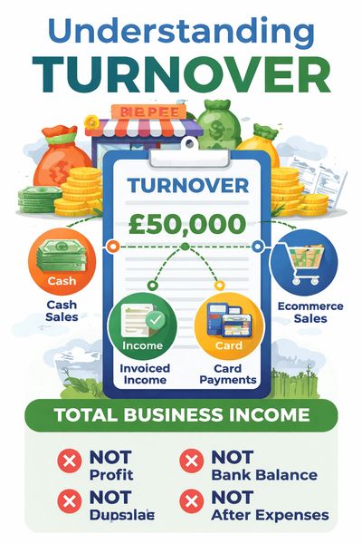 Infographic explaining MTD turnover threshold as total income, not profit or bank balance for making tax digital