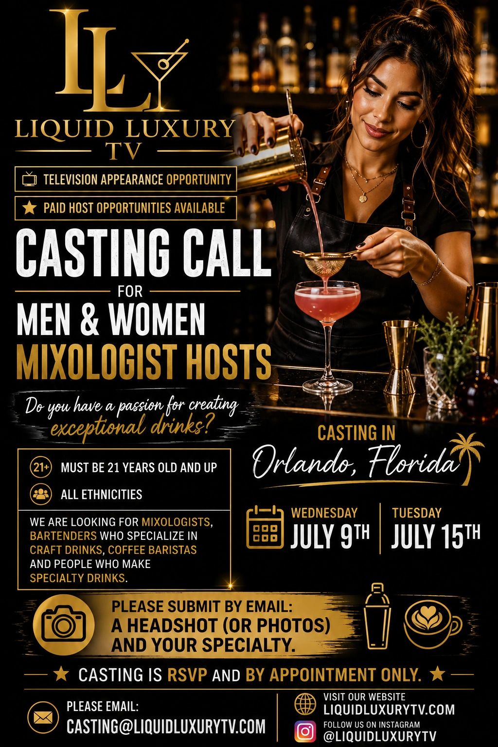 Casting call for mixologist hosts in Orlando, Florida. Paid opportunities for men and women 21+ with a passion for exceptional drinks.