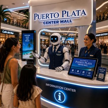 Robot asistente informa a dos visitantes en el centro comercial Puerto Plata.