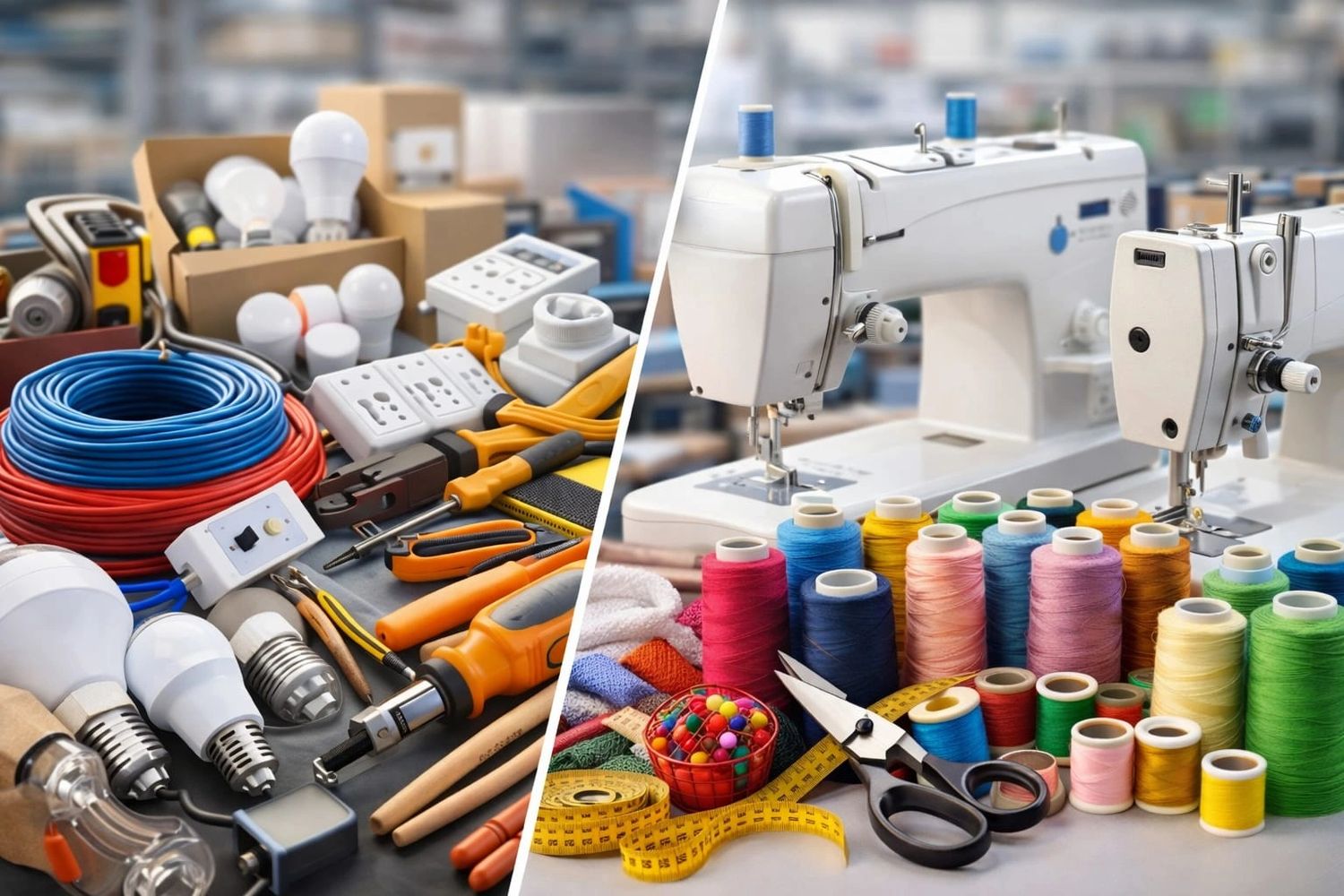 Electrical tools and components alongside sewing machines and colorful threads.