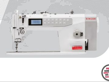 A Singer sewing machine with digital display and control buttons.