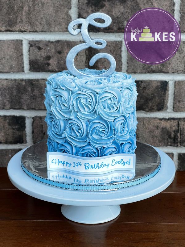 blue ombre buttercream rosette monogram birthday cake
