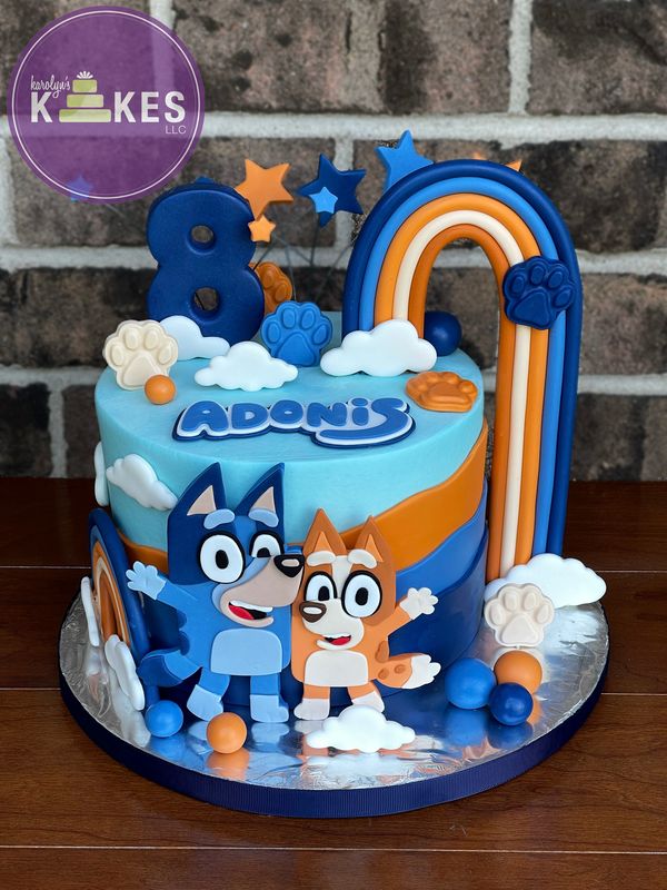 bluey and bingo rainbow birthday cake