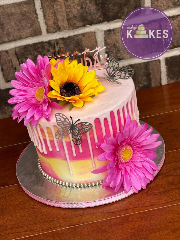 pink and yellow gerbera gerber daisy drip butterfly sunflower cake