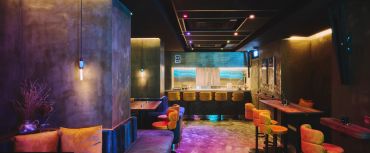 Sleek modern bar with moody lighting.