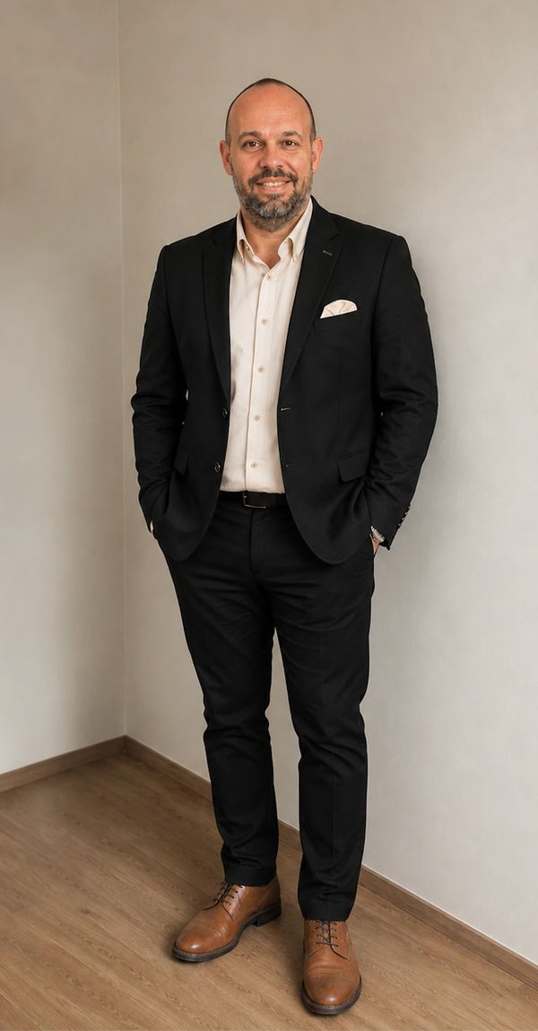 Man in a black suit with brown shoes smiling indoors.
