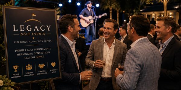 Group of men socializing at a golf event with live music.