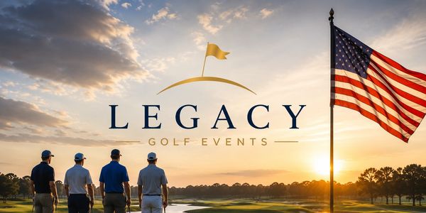 Golfers watching sunset with American flag and Legacy Golf Events logo.