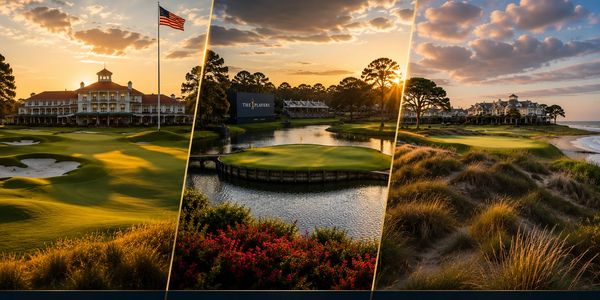 Scenic golf course at sunset with clubhouses and water features.