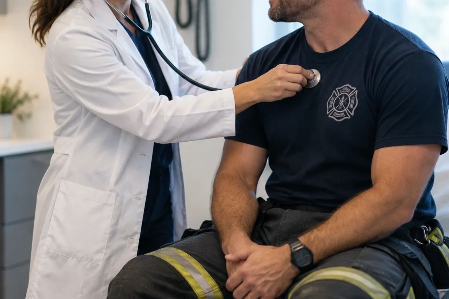 Doctor examining firefighter with stethoscope.