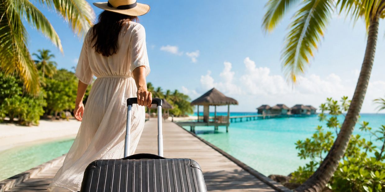 Woman in white dress with suitcase walking on tropical boardwalk by the sea.