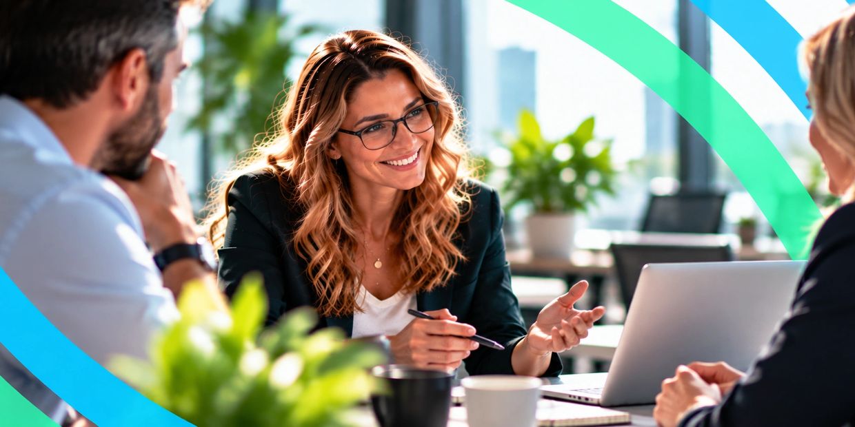 Smiling businesswoman discussing with colleagues in a bright office.