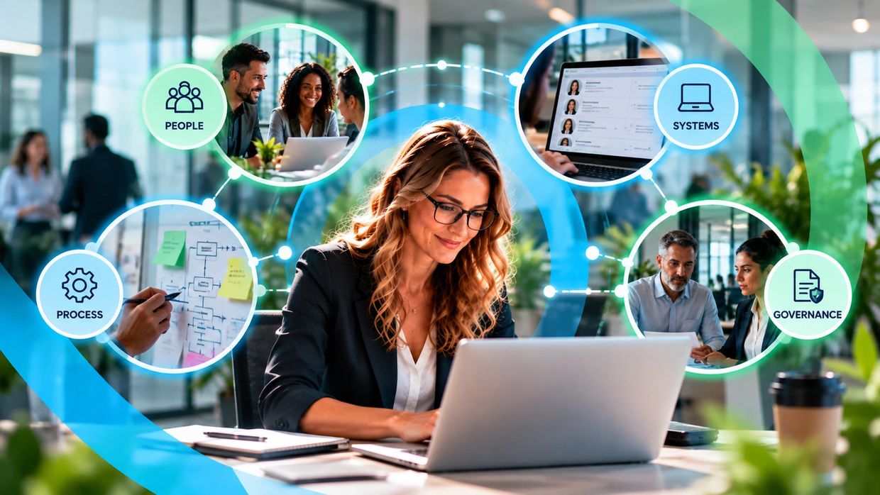 Businesswoman working on a laptop with business process icons.