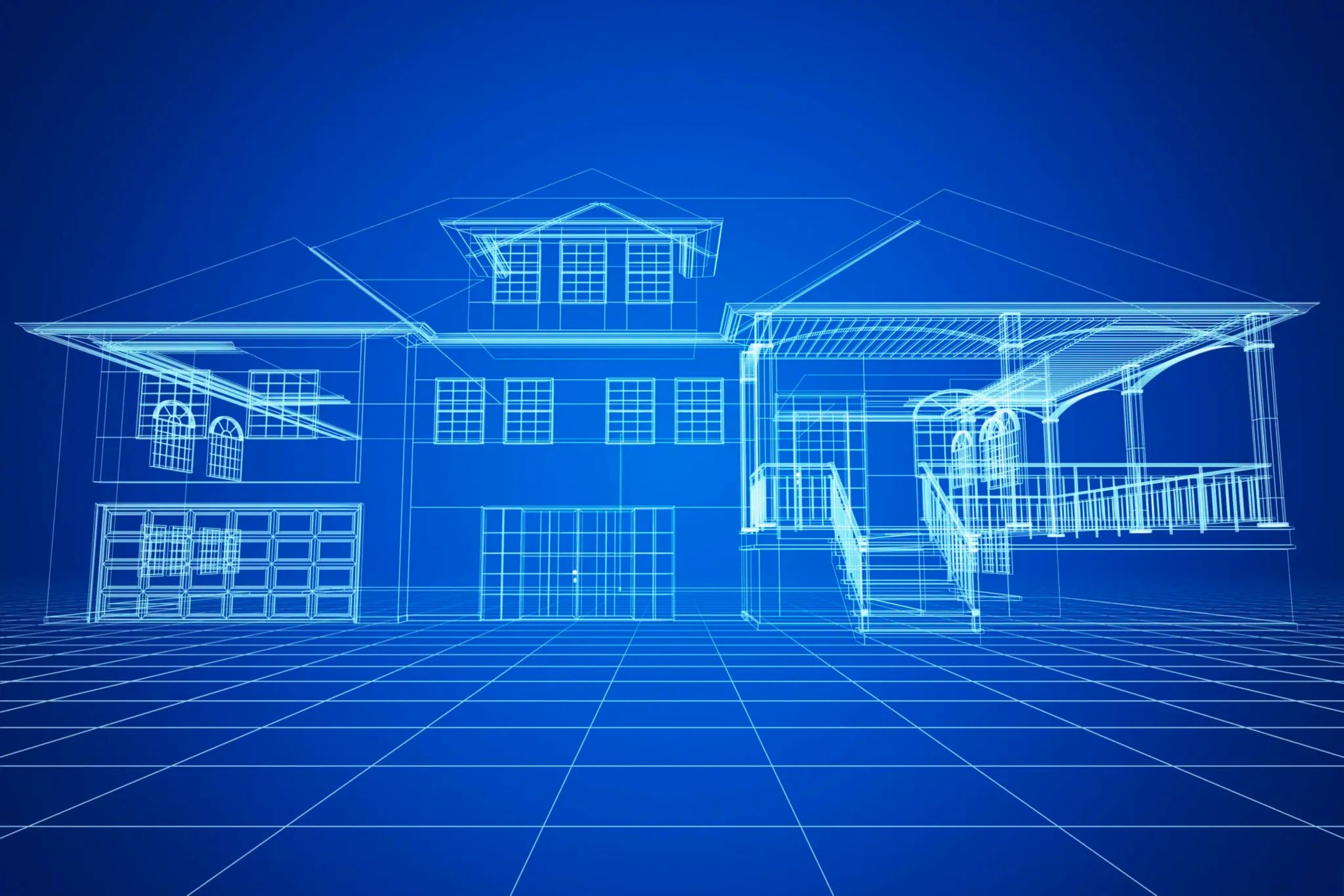 3D blueprint of a two-story house with detailed architectural lines.