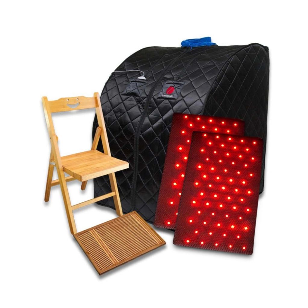 Black Therasage Thera360 Plus enclosure displayed with its chair, foot pad and red-light panels