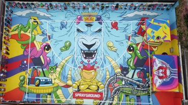 Custom half-court mural painted in Los Angeles for a Sprayground pop-up on Fairfax.