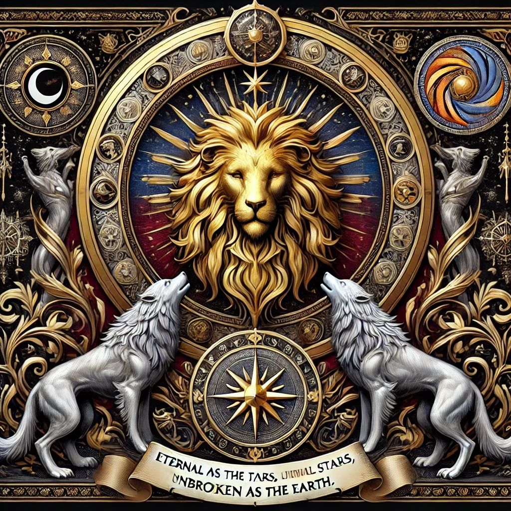 Crest of the House of Khaldun: A golden Nemean Lion with a crescent moon, sun, and two silver wolves
