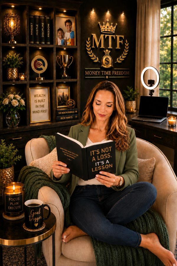 Woman reading a motivational book in a cozy, inspirational room.