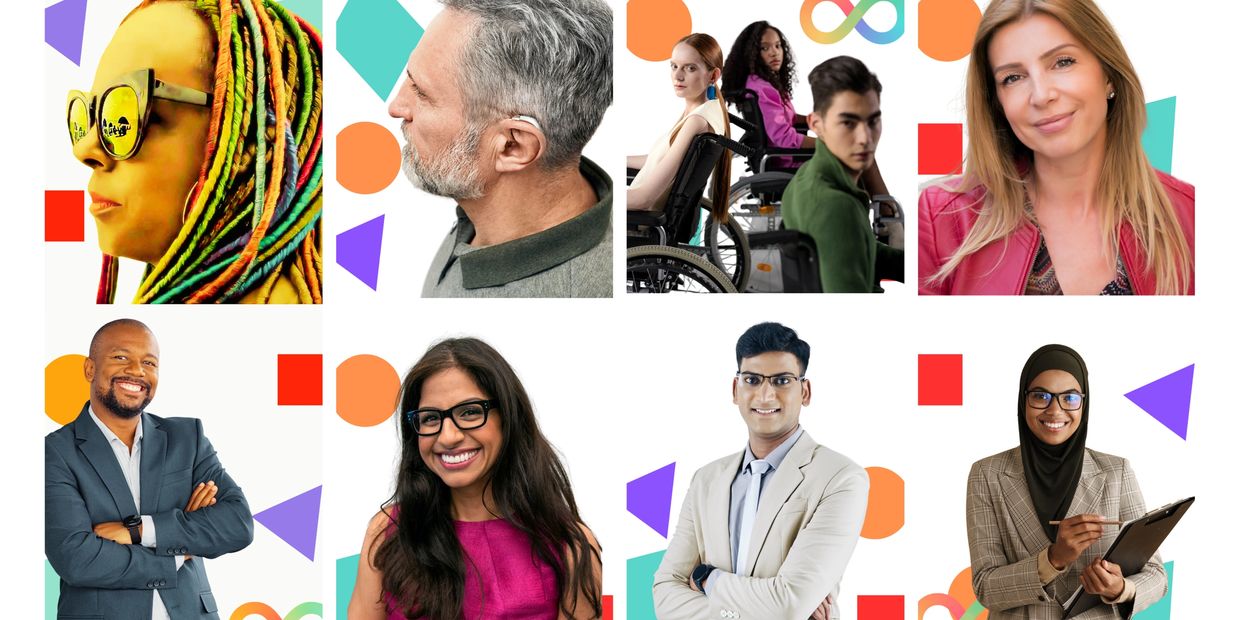 Diverse group of people showcasing inclusivity and confidence with colorful geometric backgrounds.