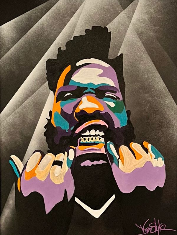 Colorful abstract portrait of a man with a fierce expression and clenched fists.