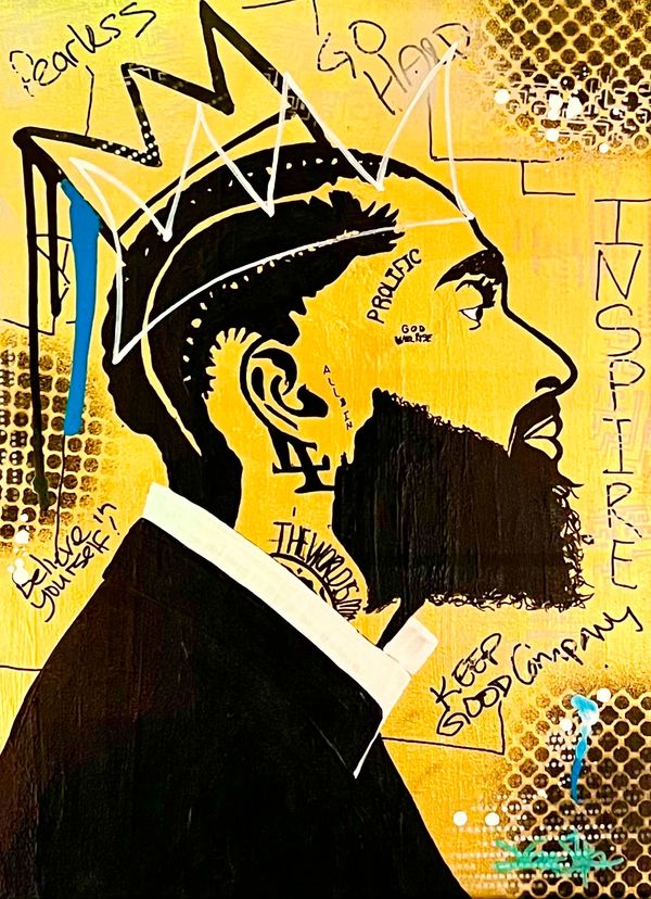 Graffiti portrait of a bearded man with a crown and motivational words on a yellow background.
