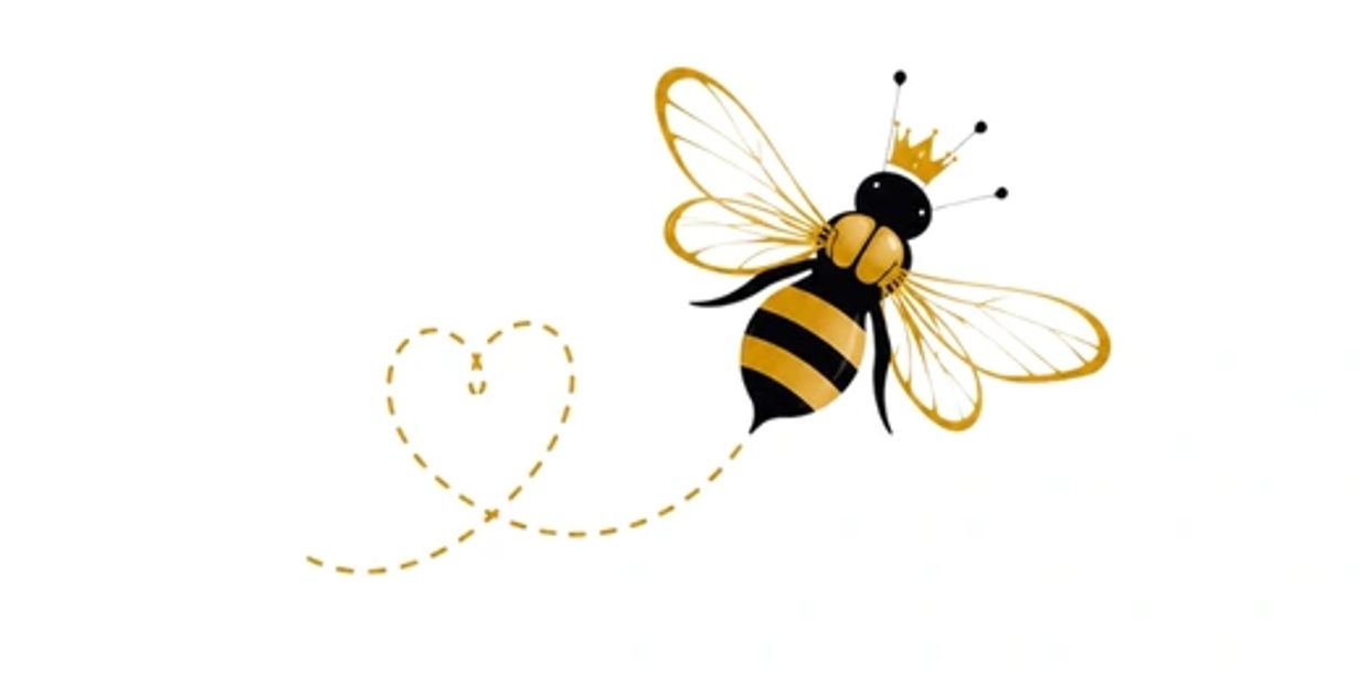 Illustration of a bee with a crown and heart-shaped flight trail.