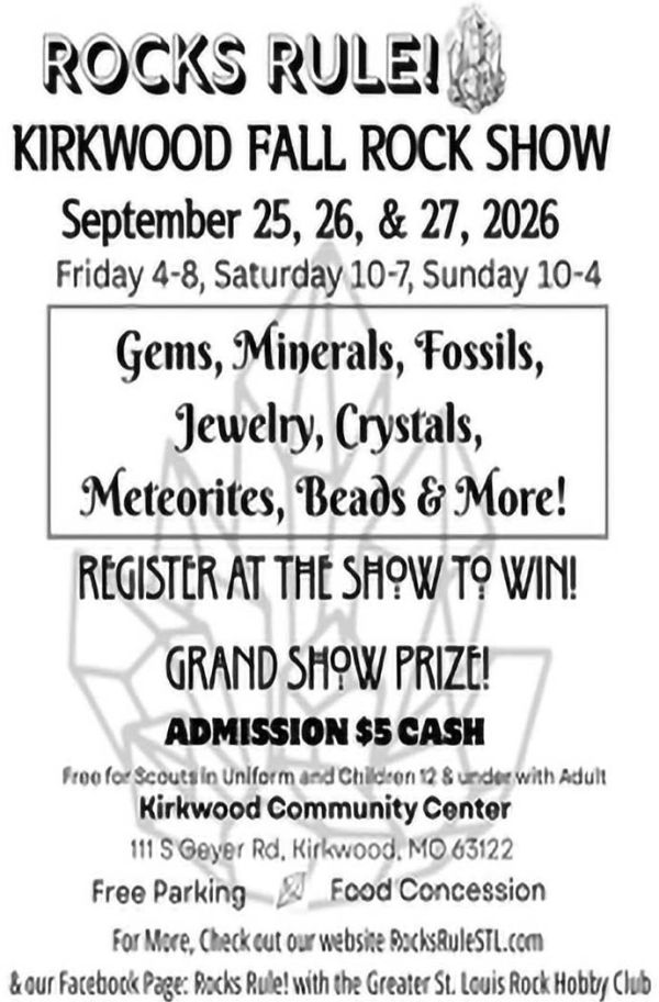 Flyer for Kirkwood Fall Rock Show Sept 25-27, 2026, with gems, fossils, and more.