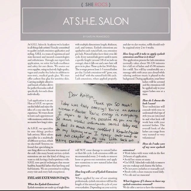Informative flyer detailing S.H.E. Salon's eyelash extension services and care tips.