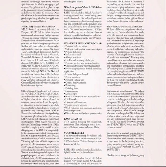 Page describing S.H.E. Salon's eyelash extension courses and certifications.