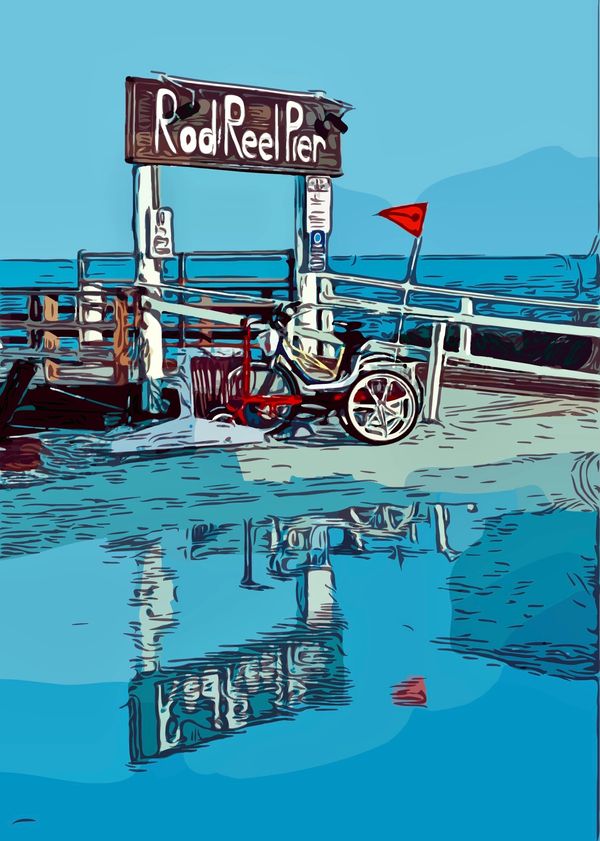 End of a peer with a red bicycle that has a red flag. Peir sign reads Rod n Reel Pier. The sign and 