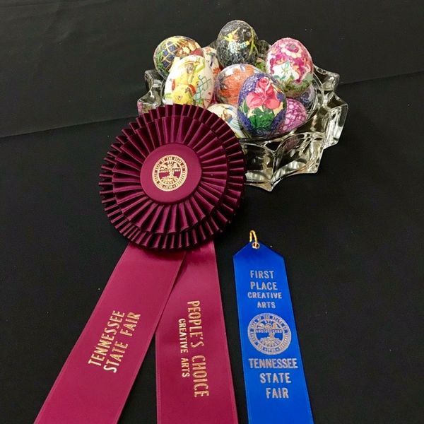 Bowl of Glitter Eggs with first place ribbon and People's Choice award
