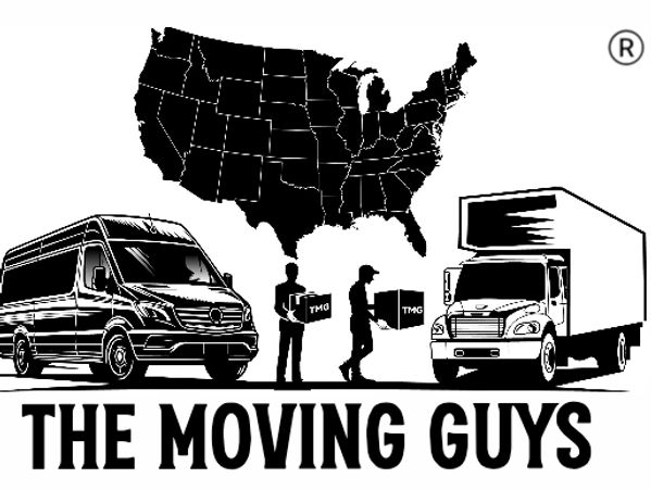 Logo of The Moving Guys with trucks and U.S. map.