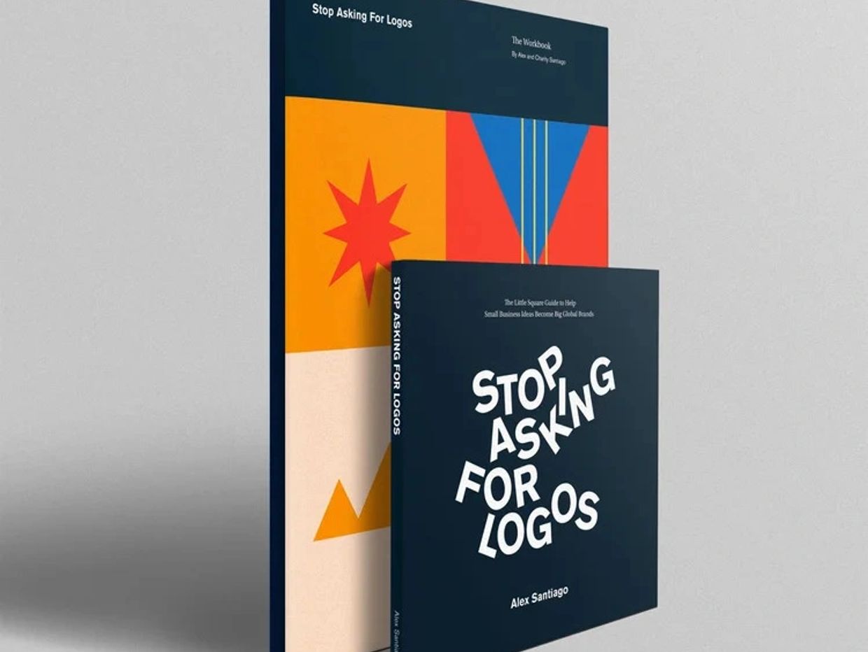 Two books titled "Stop Asking For Logos" by Alex Santiago.