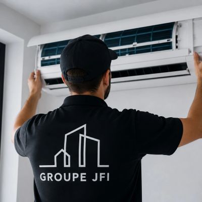 Technician from Groupe JFI installing or inspecting an air conditioner indoors.
