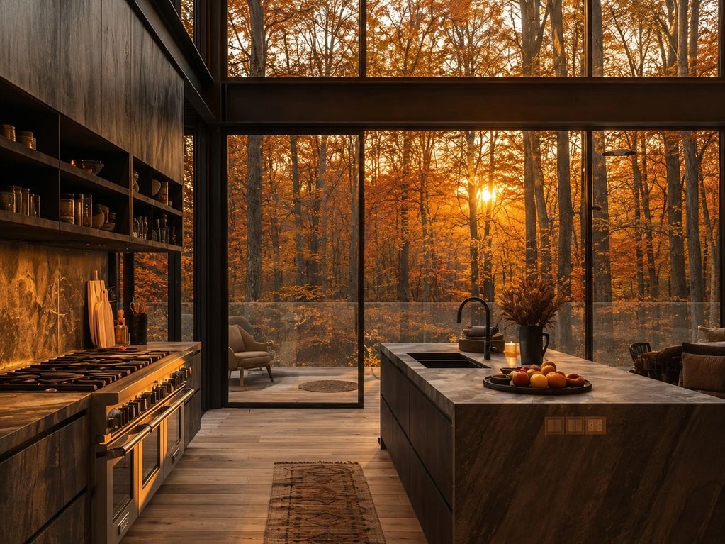 Modern kitchen with large windows showcasing autumn forest at sunset.