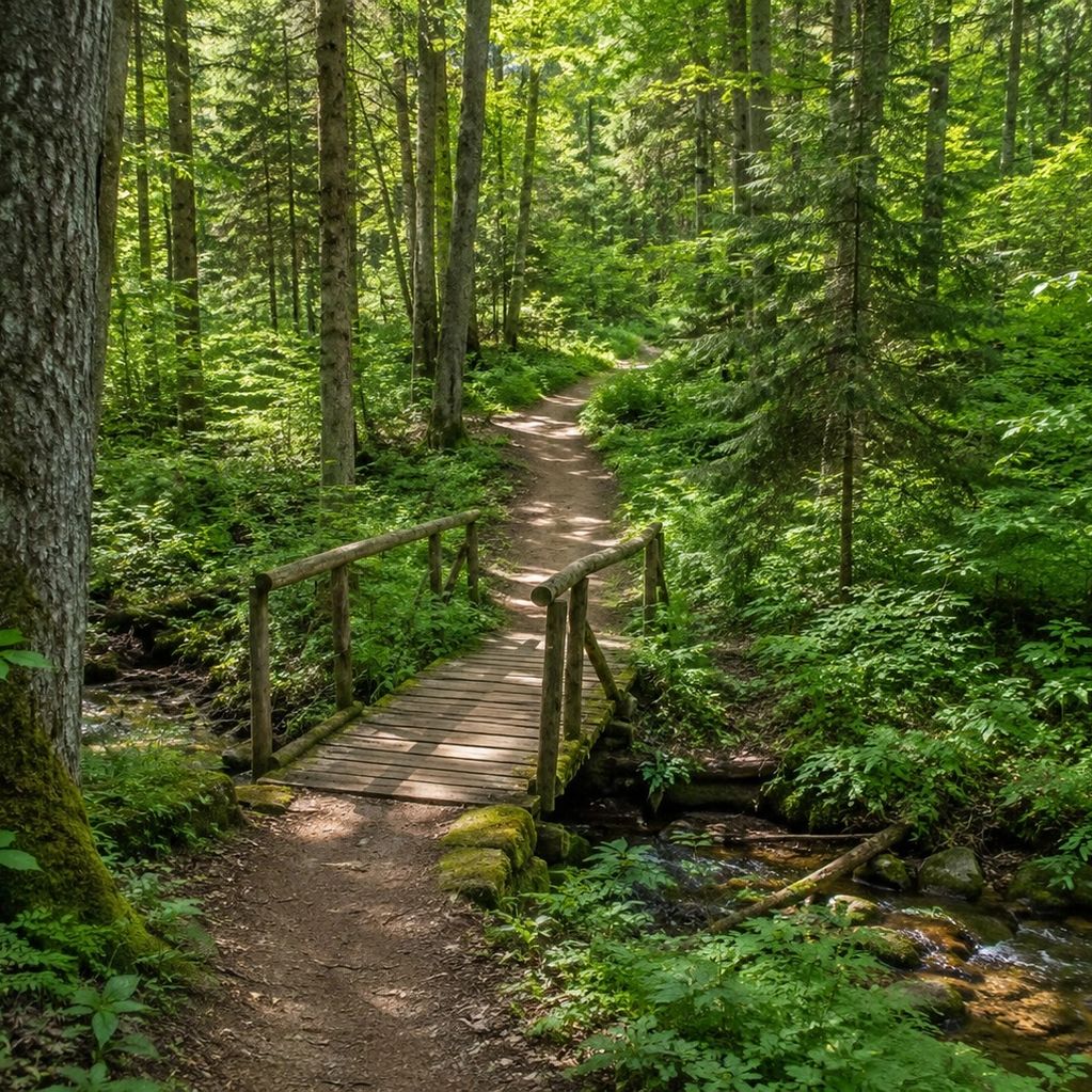 A peaceful forest path crosses a small wooden bridge over a clear stream.