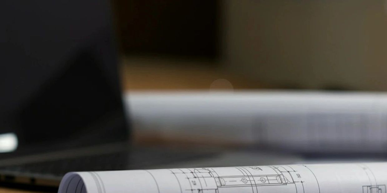 Rolled technical blueprints on a desk with a laptop in the background.