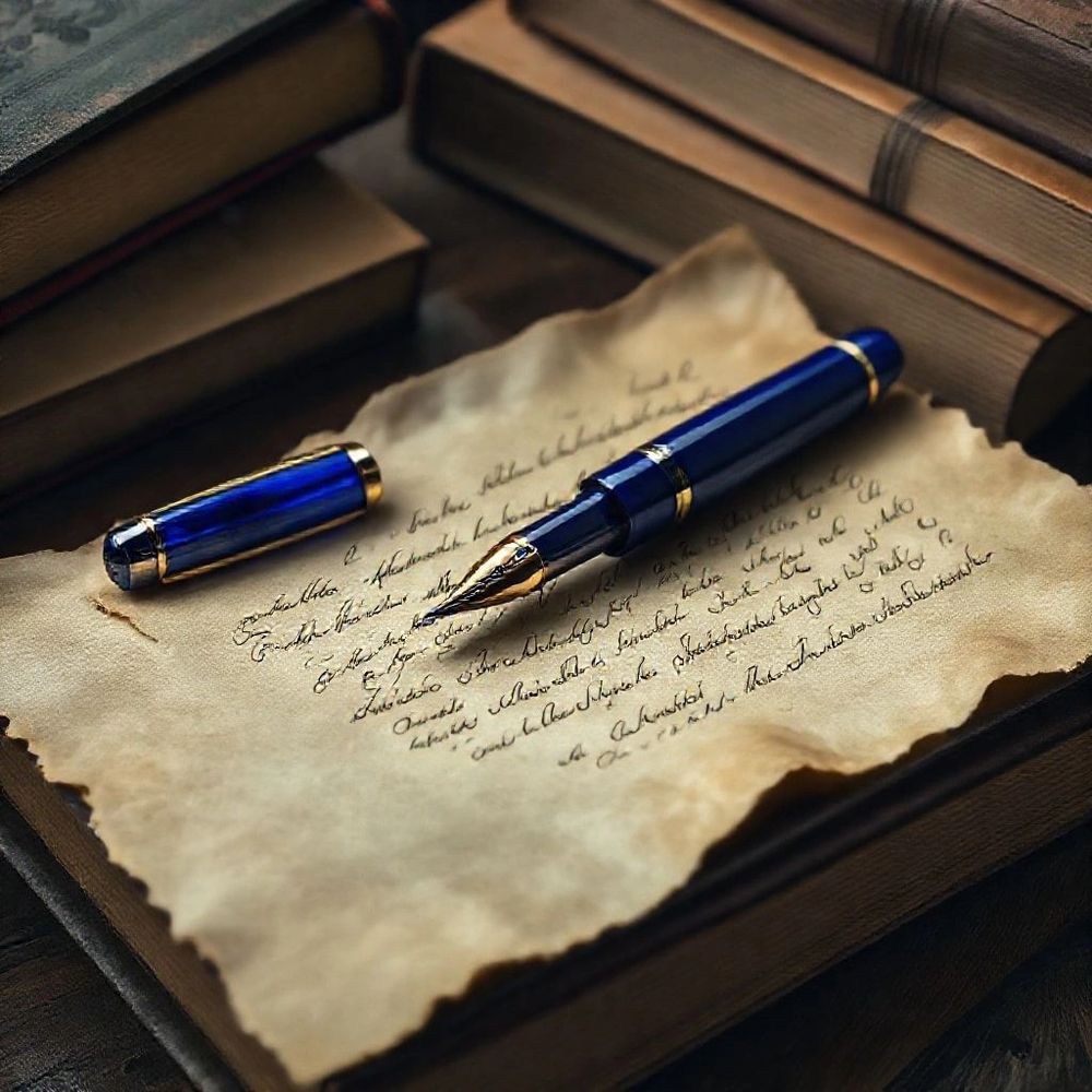 A blue fountain pen rests on aged parchment with cursive writing, surrounded by old books.