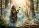 A woman in a magical forest with glowing effects.