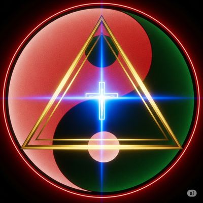 Symbol combining yin-yang, triangle, and glowing cross.