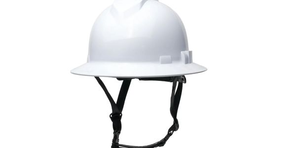 White safety helmet with adjustable chin strap on a white background.