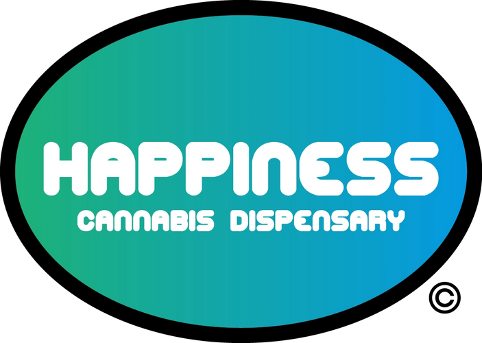 Logo with gradient colors reading Happiness Cannabis Dispensary.