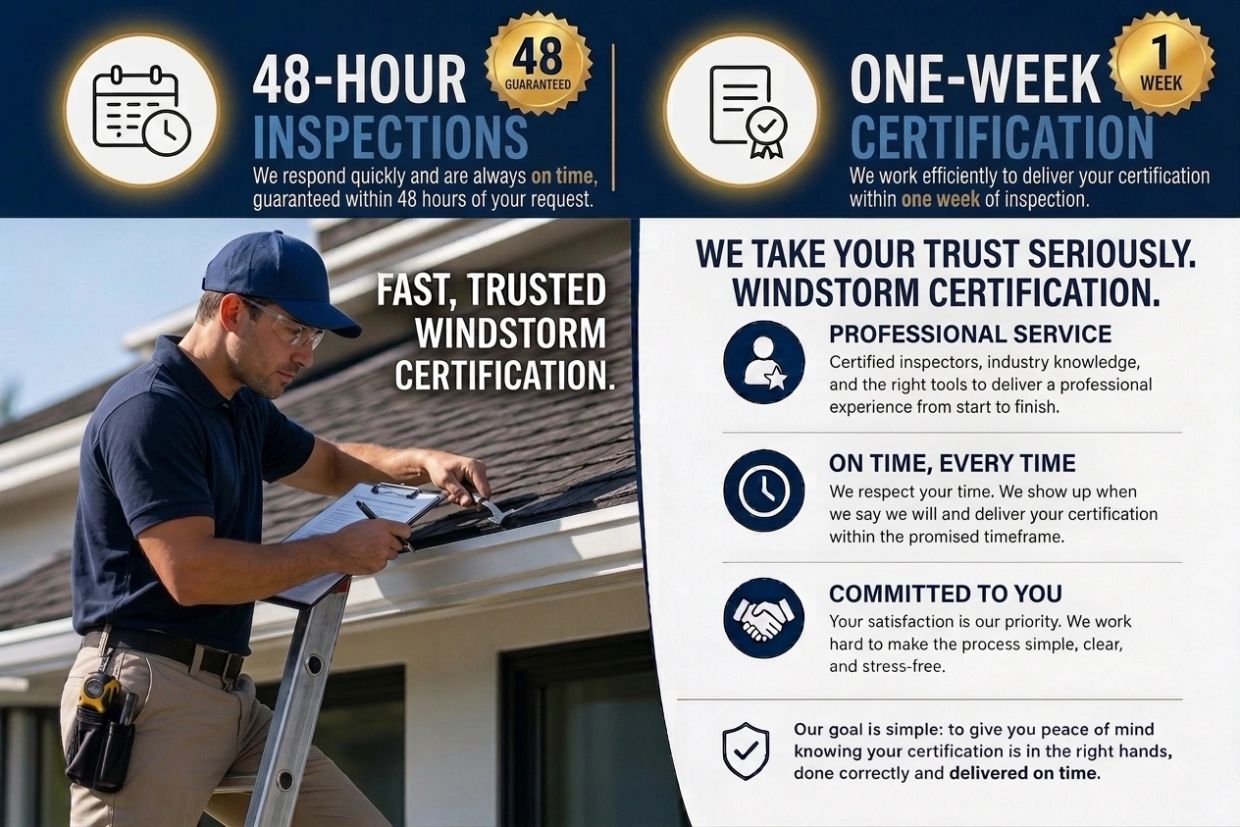 Windstorm certification with fast, trusted inspections and guaranteed on-time delivery.