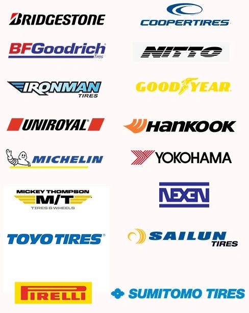 Tire Brands Bridgestone Cooper BFG BFGoodrich Pirelli Toyo Sumitpmo Nexen Mickey Thompson Goodyear