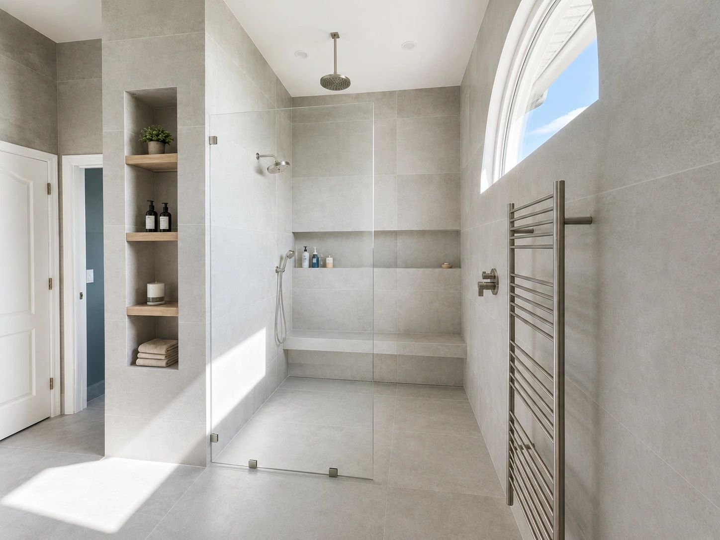Modern grey tiled walk-in shower with glass door and built-in shelves.
