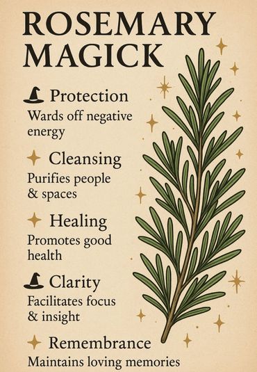 Illustration of rosemary with its magical properties listed.