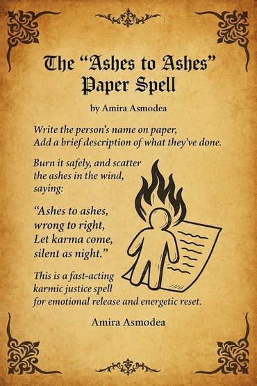 The "Ashes to Ashes" paper spell by Amira Asmodea for karmic justice and emotional release.