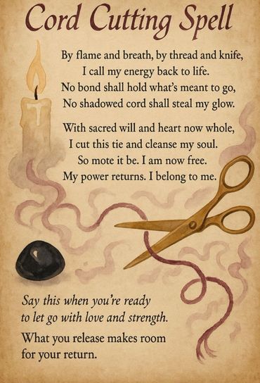 A poetic cord cutting spell with candle, scissors, and stone illustrations.