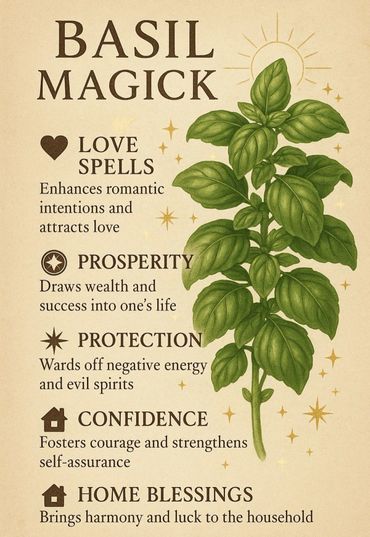 Illustration of basil and its magical uses for love, prosperity, protection, confidence, and home blessings.