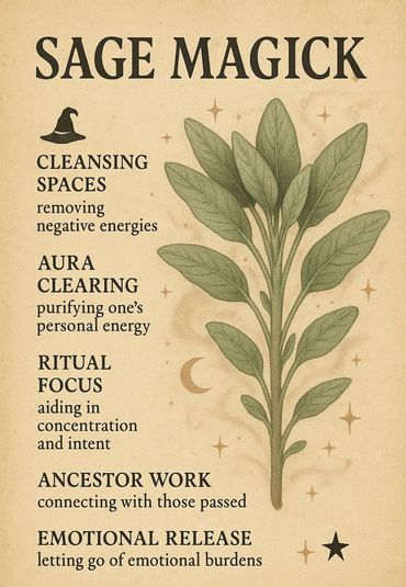 Illustration of sage with its spiritual uses like cleansing, aura clearing, and emotional release.